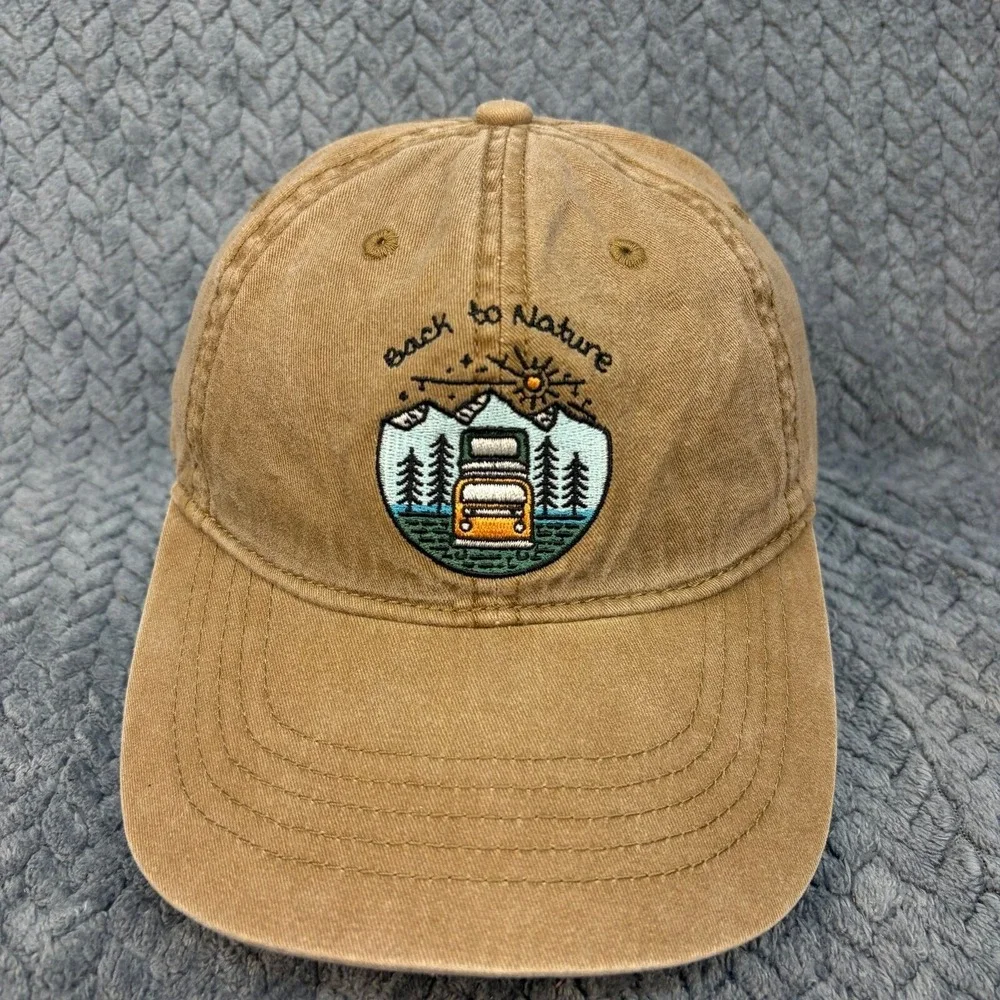 Back to Nature Camper Van Embroidered Dad Hat Beige Washed Cotton Baseball Cap